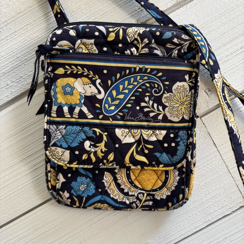 VERA BRADLEY ELLIE BLUE Little Hipster Crossbody Purse‎ Elephant Navy Yellow